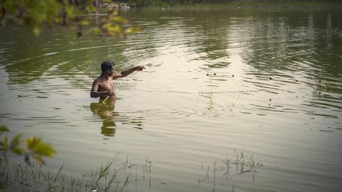 Man Fishing in a Calm Village Pond